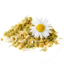 Fleurs de camomille séchées en vrac, accompagnées d’une fleur fraîche