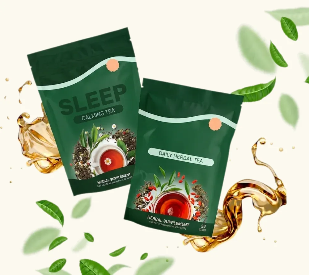 Pochettes Sipeva Daily et Sipeva Sleep disposées en diagonale sur un lit de feuilles de thé