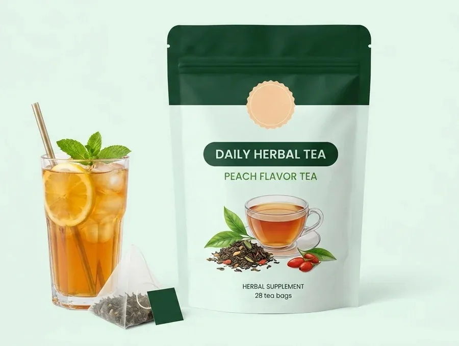 Pochette Sipeva Daily dressée près d’un grand verre glacé garni d’une rondelle de citron, de quelques brins de menthe et d’un sachet pyramide